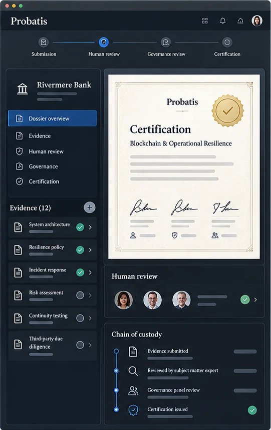 Écran Probatis : certificat, revue humaine par trois experts et chaîne de conservation des preuves jusqu’à la certification